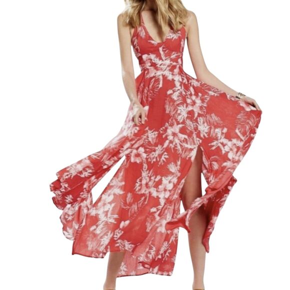 Free People Dresses & Skirts - Free People Lille Printed Maxi Halter Sexy Flowy Red Floral Open Back Dress Sz M